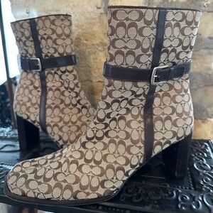 Coach Khaki & Brown Jacquard Signature Logo Bibi Mid Calf Boots